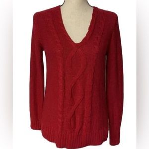 CHAPS red v-neck pullover tunic sweater with cable knit design, sz L
